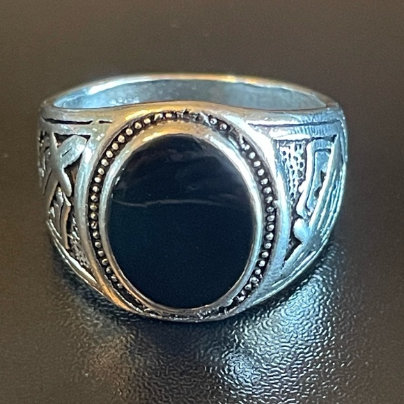 Other - Sword and shield black obsidian S925 silver ring